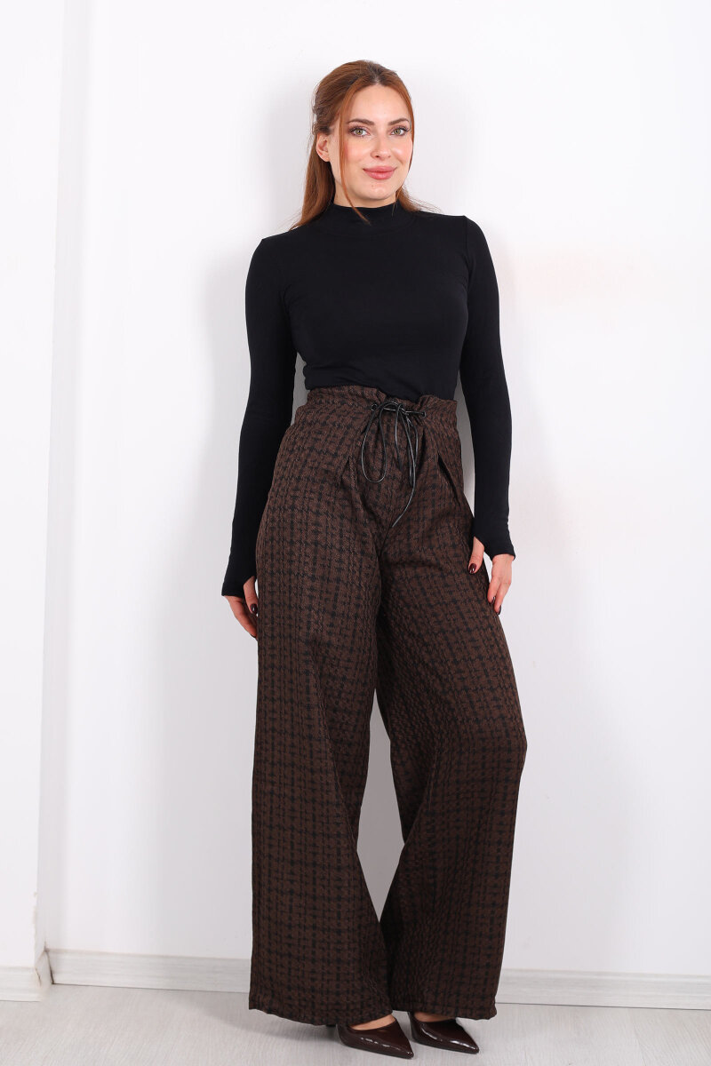 Lastik Detaylı Geniş Paça Acı Kahve Kadın Ekose Pantolon - 6