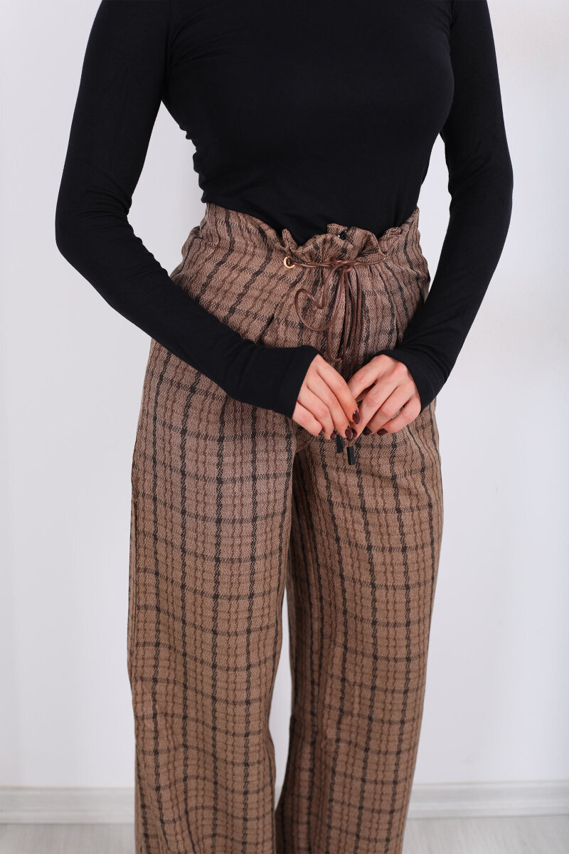 Lastik Detaylı Geniş Paça Açık Kahve Kadın Ekose Pantolon - 2