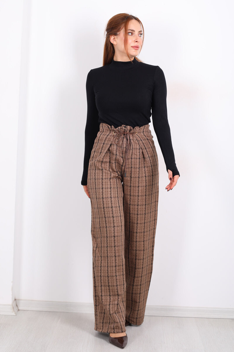 Lastik Detaylı Geniş Paça Açık Kahve Kadın Ekose Pantolon - 3