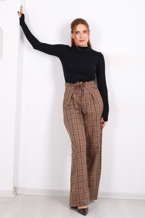 Lastik Detaylı Geniş Paça Açık Kahve Kadın Ekose Pantolon - Berox