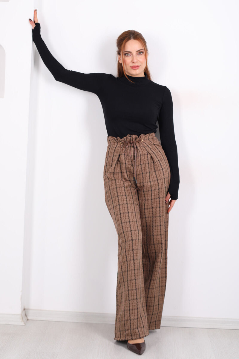Lastik Detaylı Geniş Paça Açık Kahve Kadın Ekose Pantolon - 1