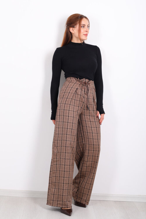 Lastik Detaylı Geniş Paça Açık Kahve Kadın Ekose Pantolon - 6