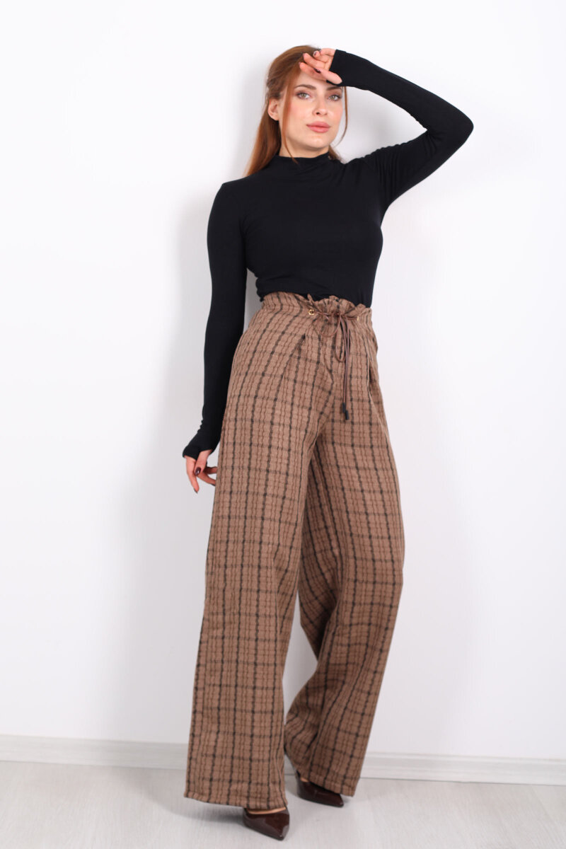 Lastik Detaylı Geniş Paça Açık Kahve Kadın Ekose Pantolon - 4