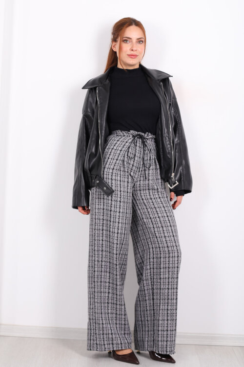 Lastik Detaylı Geniş Paça Gri Kadın Ekose Pantolon - 3