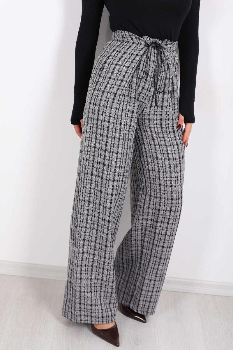Lastik Detaylı Geniş Paça Gri Kadın Ekose Pantolon - 2