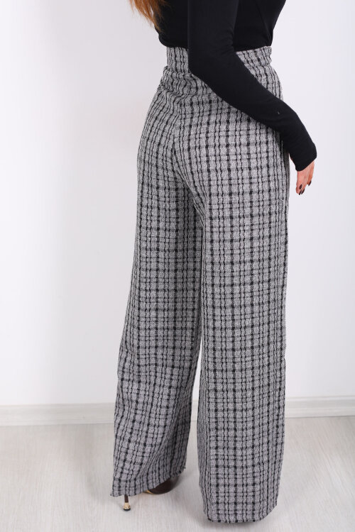 Lastik Detaylı Geniş Paça Gri Kadın Ekose Pantolon - 5