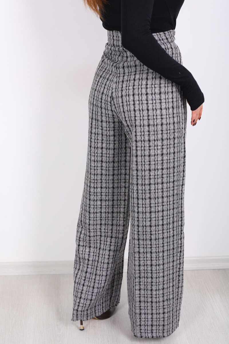 Lastik Detaylı Geniş Paça Gri Kadın Ekose Pantolon - 5