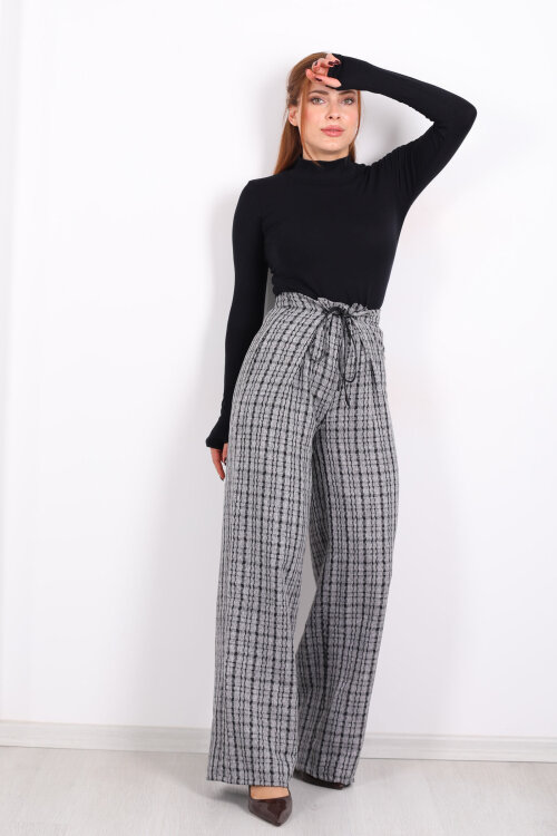 Lastik Detaylı Geniş Paça Gri Kadın Ekose Pantolon - Berox