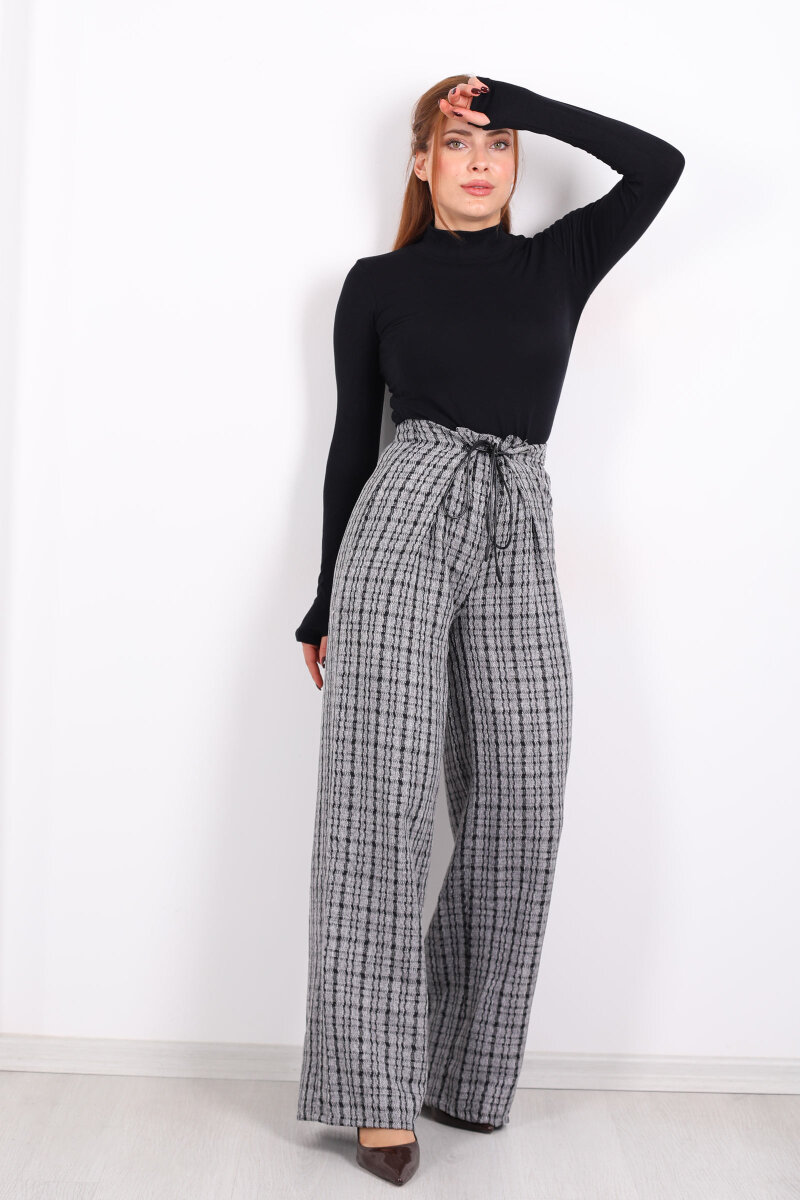 Lastik Detaylı Geniş Paça Gri Kadın Ekose Pantolon - 1