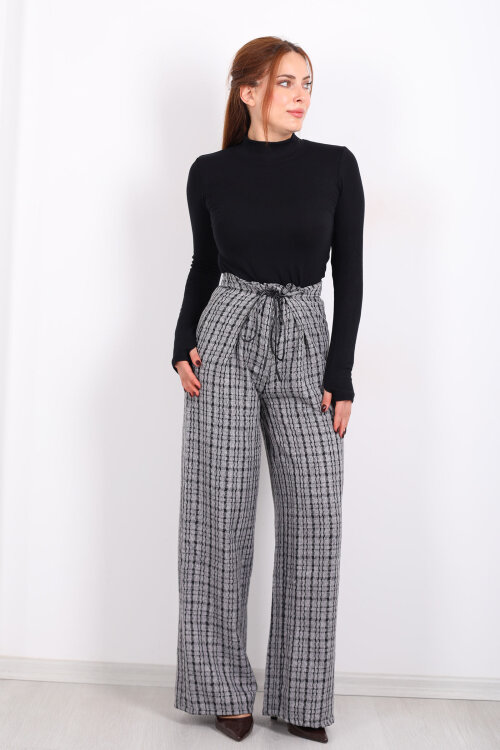 Lastik Detaylı Geniş Paça Gri Kadın Ekose Pantolon - 4