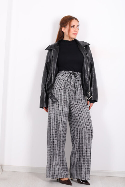 Lastik Detaylı Geniş Paça Gri Kadın Ekose Pantolon - 6