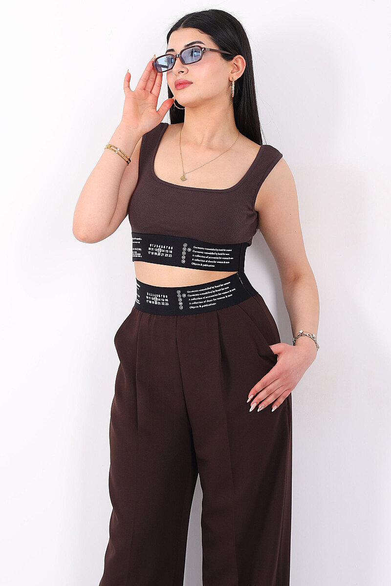 Lastik Yazı Detaylı Kadın Acı Kahve Fitilli Crop Top - 1