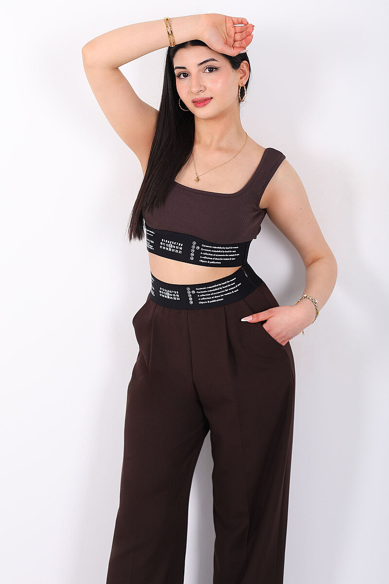 Lastik Yazı Detaylı Kadın Acı Kahve Fitilli Crop Top - 6