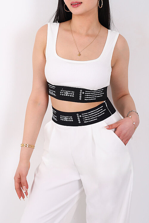 Lastik Yazı Detaylı Kadın Beyaz Fitilli Crop Top - Berox (1)