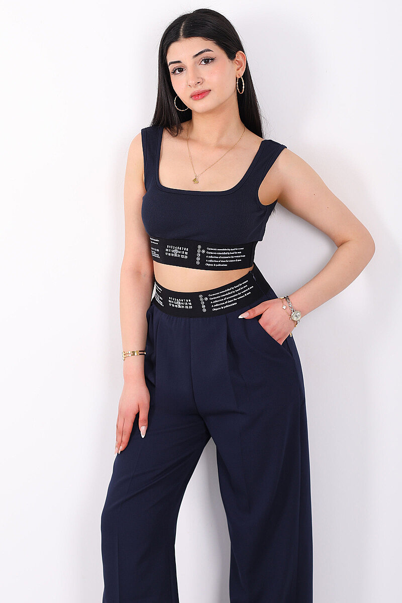 Lastik Yazı Detaylı Kadın Lacivert Fitilli Crop Top - 6