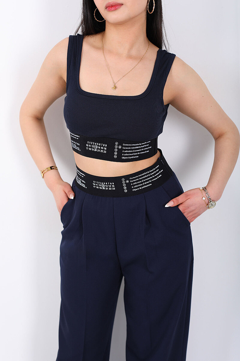 Lastik Yazı Detaylı Kadın Lacivert Fitilli Crop Top - 2