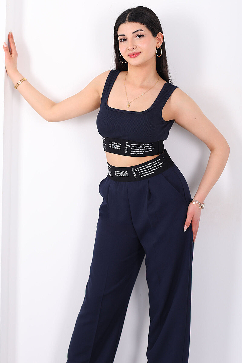 Lastik Yazı Detaylı Kadın Lacivert Fitilli Crop Top - 1