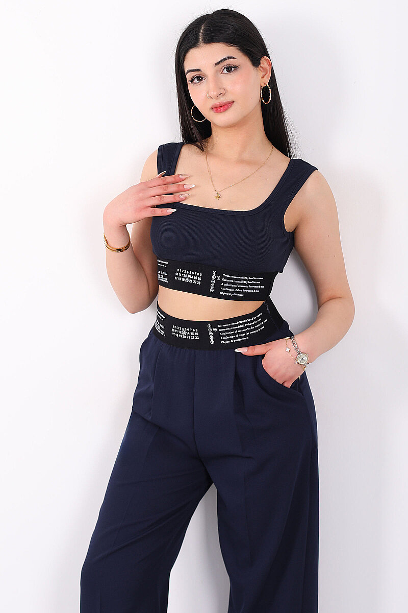 Lastik Yazı Detaylı Kadın Lacivert Fitilli Crop Top - 4