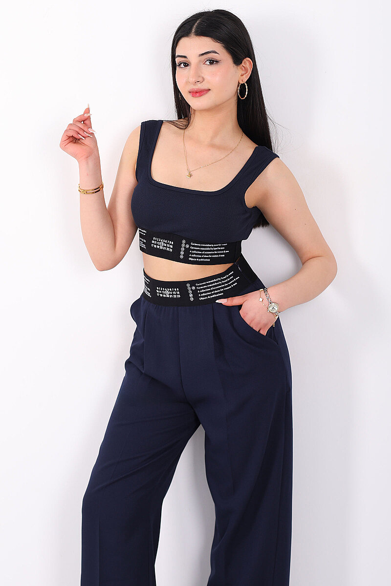 Lastik Yazı Detaylı Kadın Lacivert Fitilli Crop Top - 3