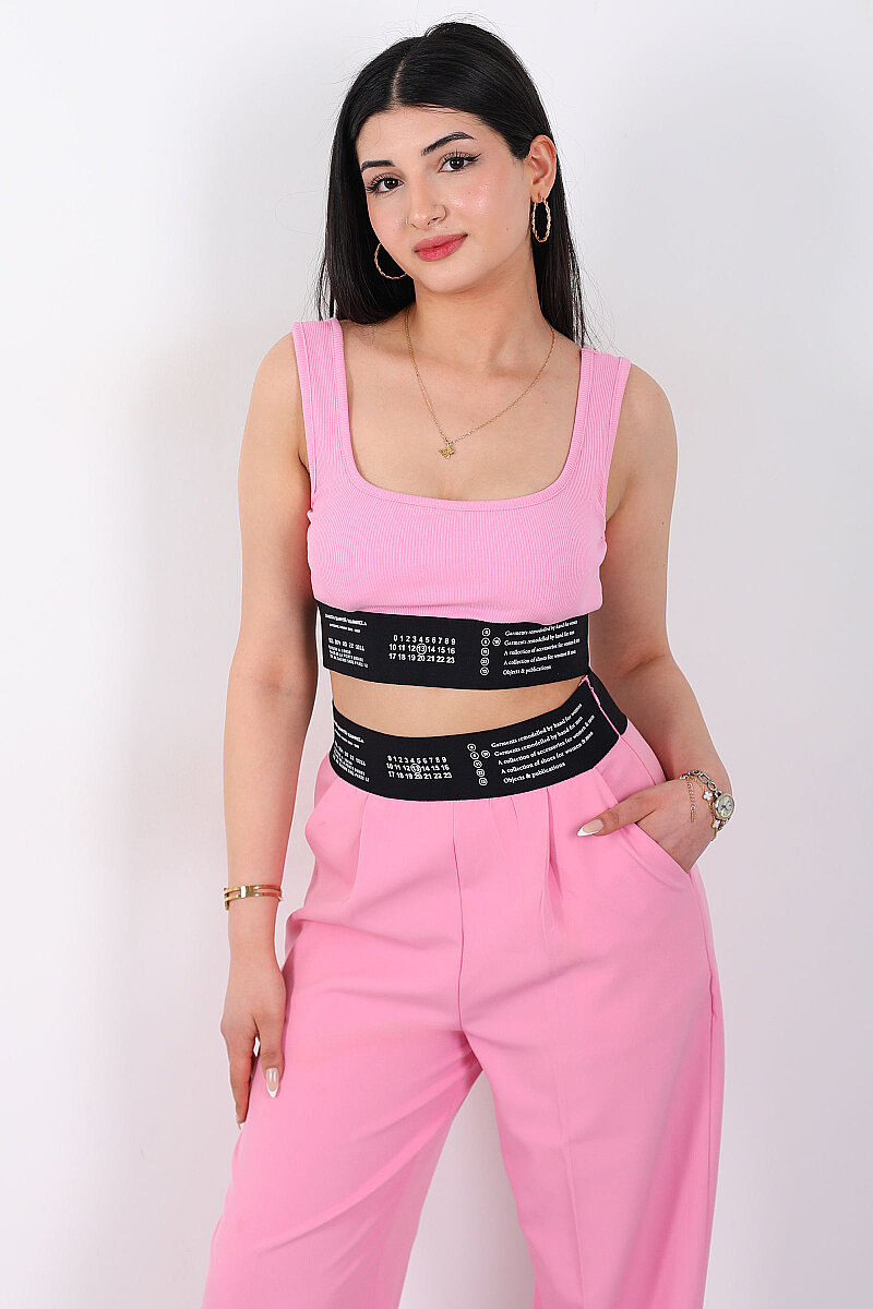 Lastik Yazı Detaylı Kadın Pembe Fitilli Crop Top - 6