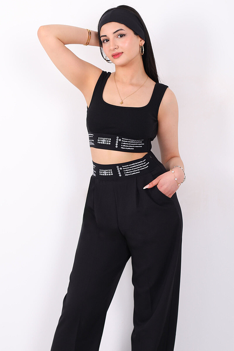 Lastik Yazı Detaylı Kadın Siyah Fitilli Crop Top - 1