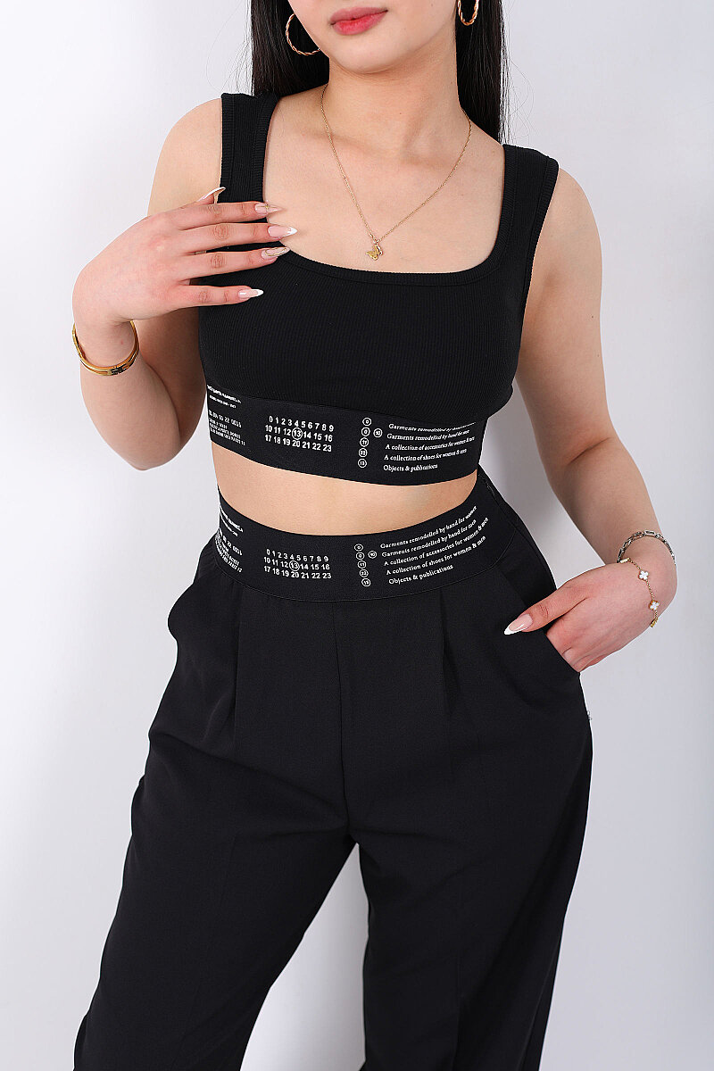 Lastik Yazı Detaylı Kadın Siyah Fitilli Crop Top - 2