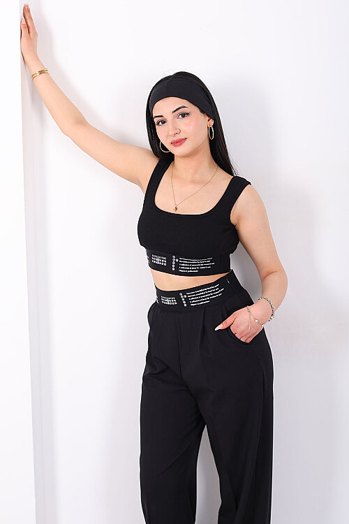 Lastik Yazı Detaylı Kadın Siyah Fitilli Crop Top - 4