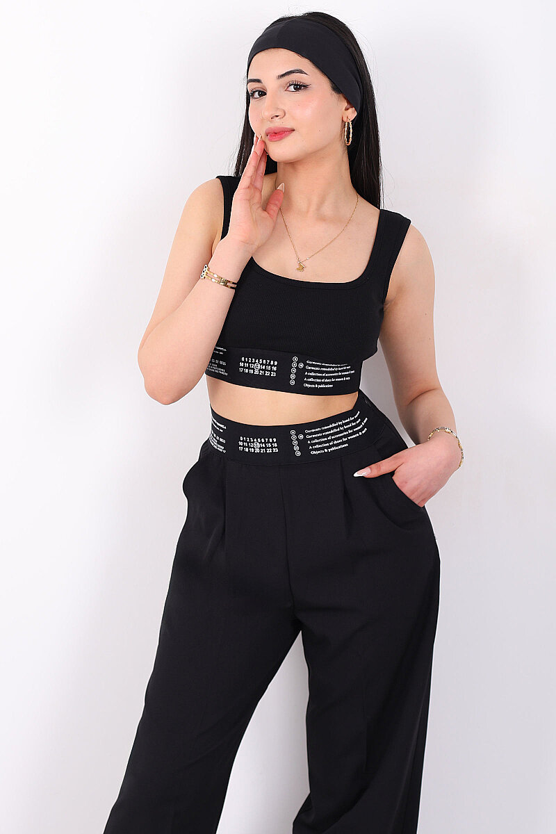 Lastik Yazı Detaylı Kadın Siyah Fitilli Crop Top - 3