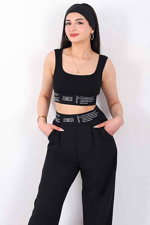 Lastik Yazı Detaylı Kadın Siyah Fitilli Crop Top - 6