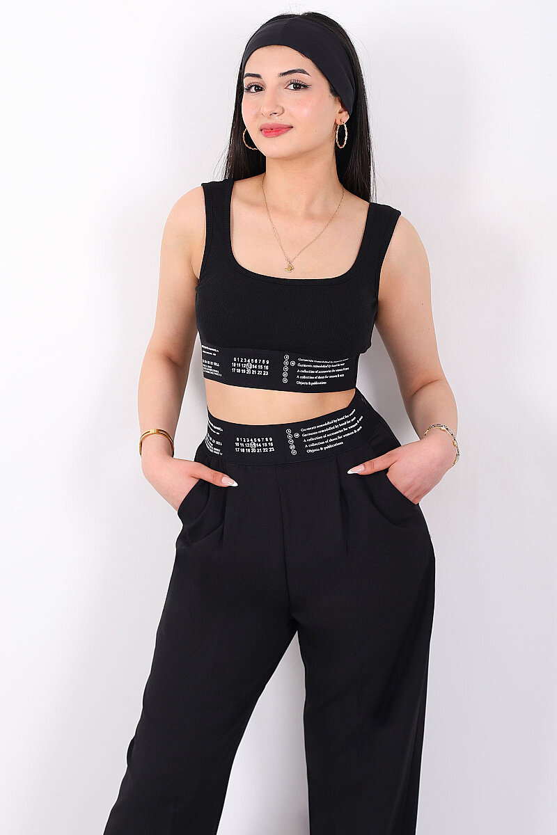 Lastik Yazı Detaylı Kadın Siyah Fitilli Crop Top - 6