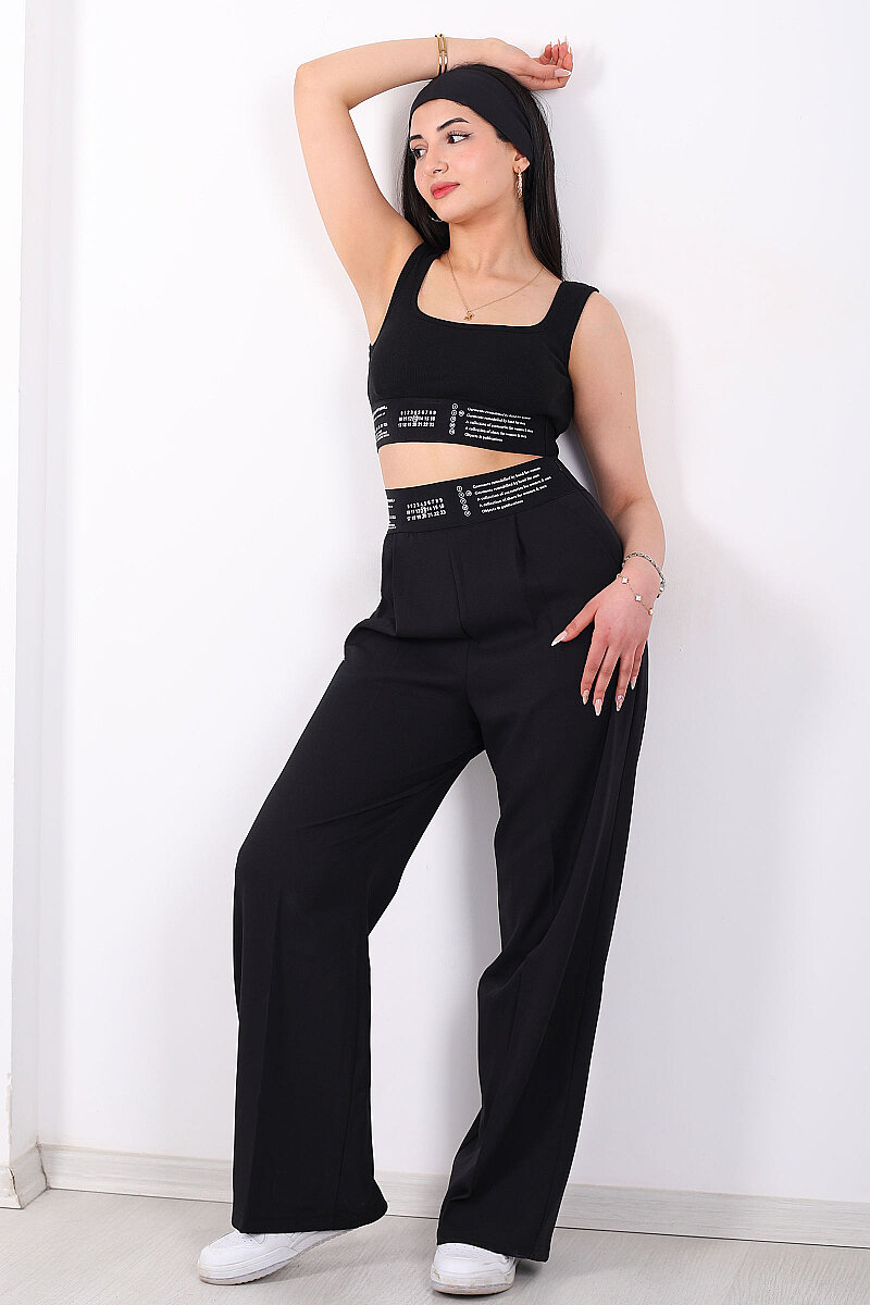 Lastik Yazı Detaylı Kadın Siyah Fitilli Crop Top - 5