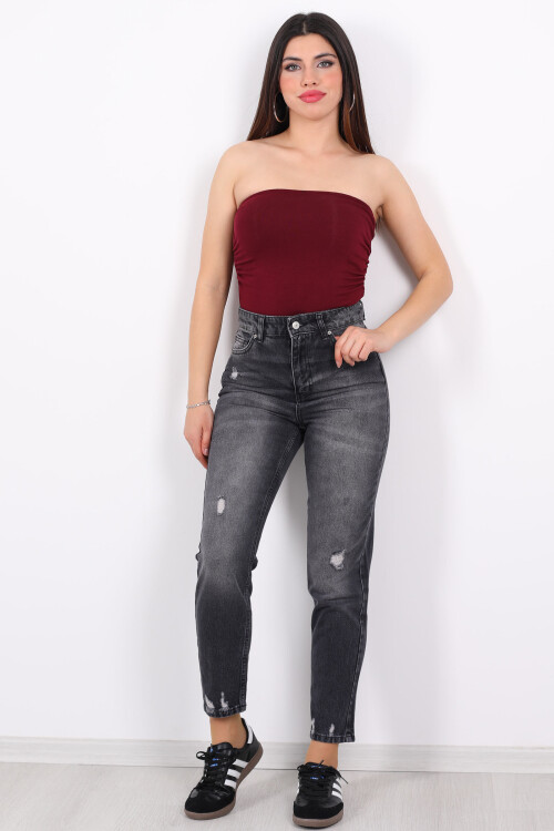 Lazer Kesim Kar Yıkama Füme Mom Jean Kot Pantolon - 3