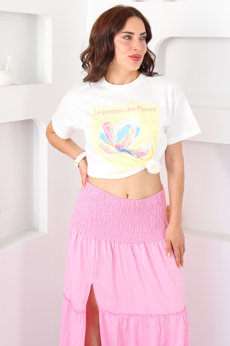 Le Pouvoir Des Baskılı Bisiklet Yaka Oversize Ekru Kadın Taşlı T-Shirt - 1