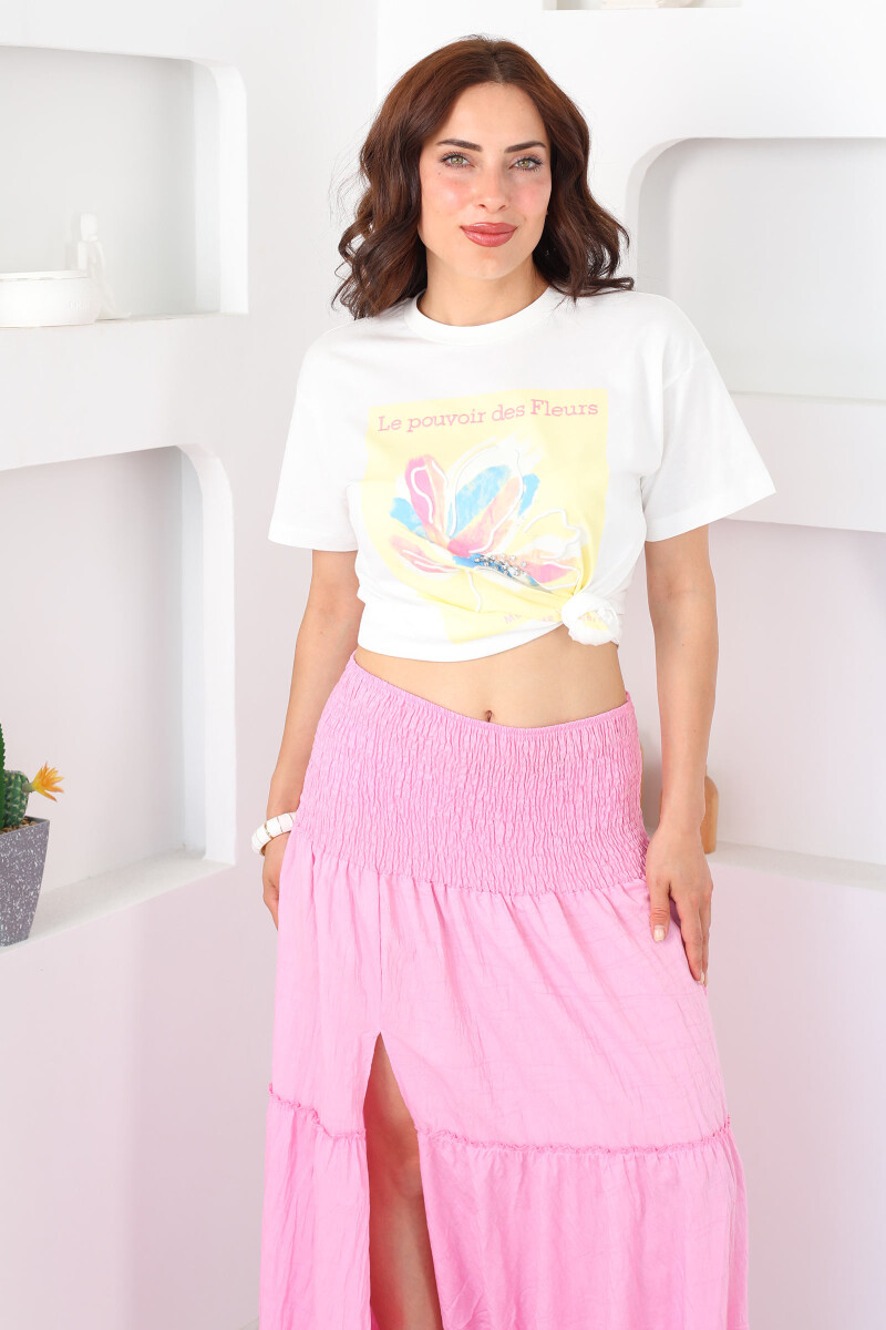 Le Pouvoir Des Baskılı Bisiklet Yaka Oversize Ekru Kadın Taşlı T-Shirt - 3