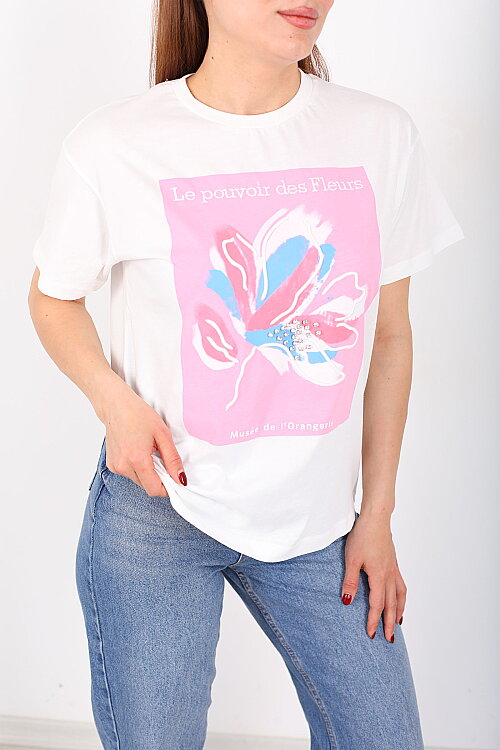 Le Pouvoir Des Baskılı Bisiklet Yaka Oversize Pembe Kadın Taşlı T-Shirt - Berox (1)