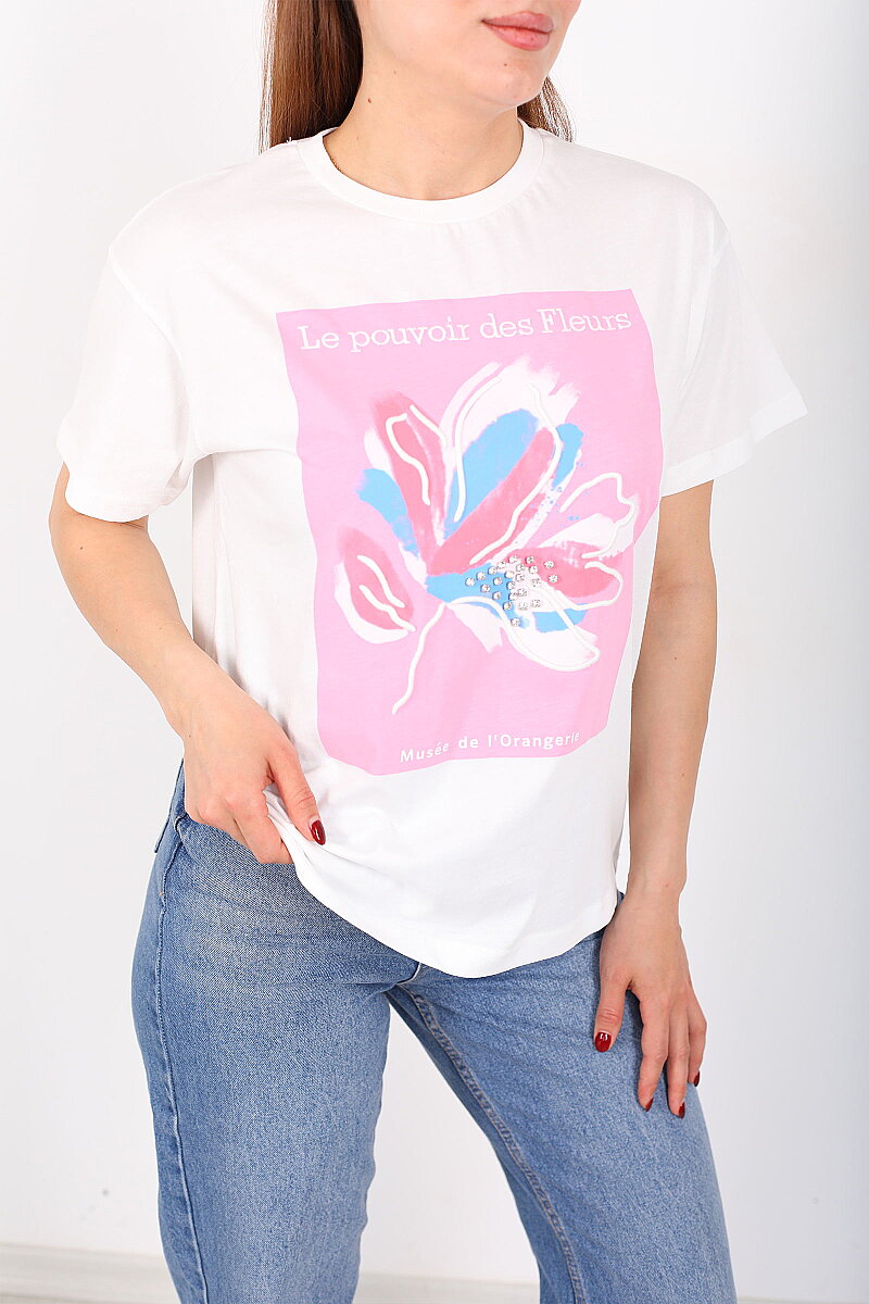 Le Pouvoir Des Baskılı Bisiklet Yaka Oversize Pembe Kadın Taşlı T-Shirt - 2