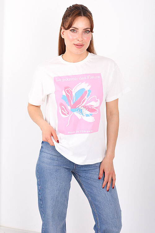 Le Pouvoir Des Baskılı Bisiklet Yaka Oversize Pembe Kadın Taşlı T-Shirt - 5