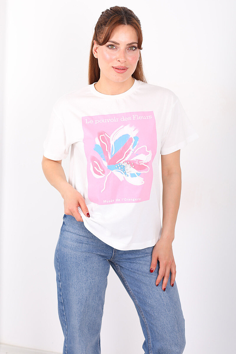 Le Pouvoir Des Baskılı Bisiklet Yaka Oversize Pembe Kadın Taşlı T-Shirt - 5