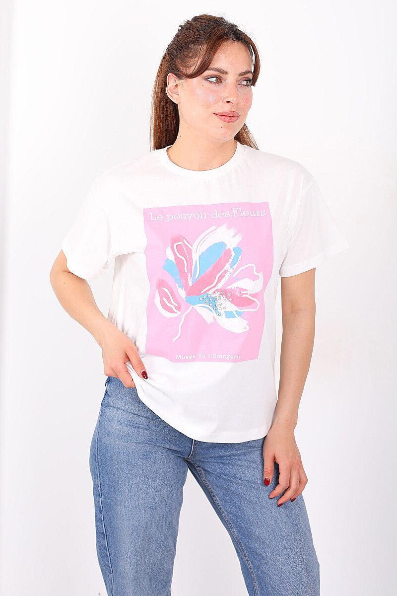 Le Pouvoir Des Baskılı Bisiklet Yaka Oversize Pembe Kadın Taşlı T-Shirt - 1