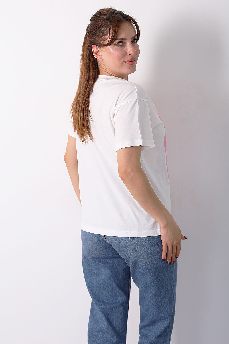 Le Pouvoir Des Baskılı Bisiklet Yaka Oversize Pembe Kadın Taşlı T-Shirt - 4