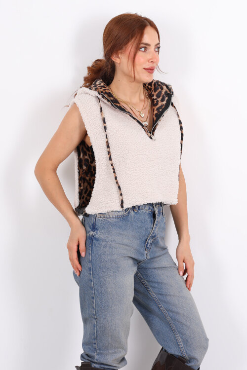 Leopar Astarlı Kapüşonlu Bej Kadın Yün Yelek - 4
