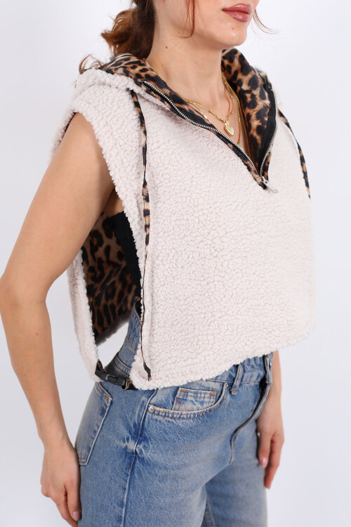 Leopar Astarlı Kapüşonlu Bej Kadın Yün Yelek - Berox (1)