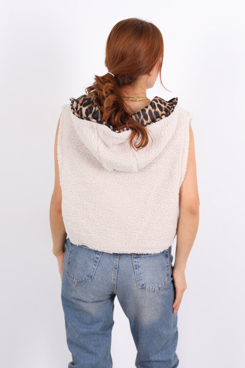 Leopar Astarlı Kapüşonlu Bej Kadın Yün Yelek - 5
