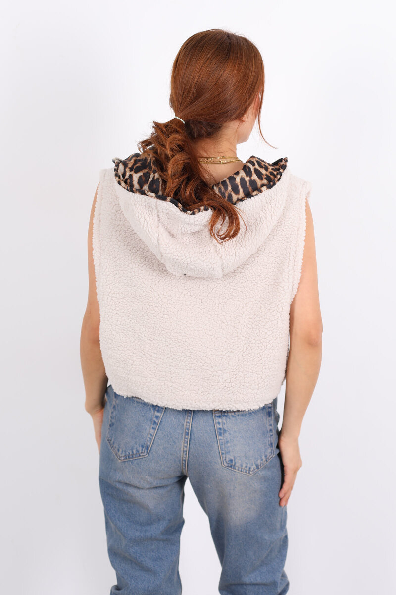 Leopar Astarlı Kapüşonlu Bej Kadın Yün Yelek - 5