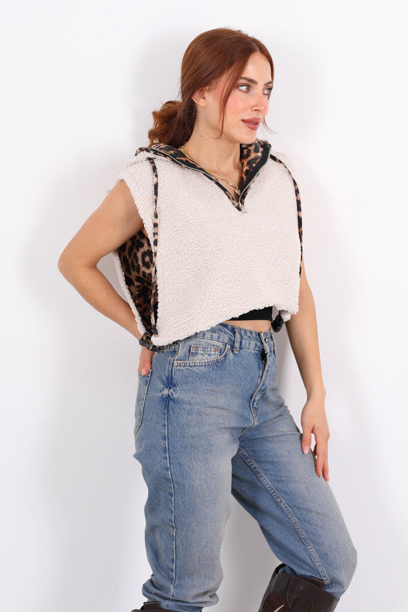 Leopar Astarlı Kapüşonlu Bej Kadın Yün Yelek - 7