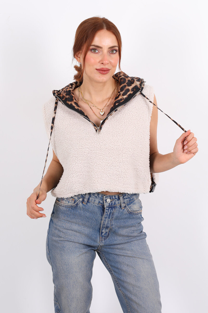 Leopar Astarlı Kapüşonlu Bej Kadın Yün Yelek - 3