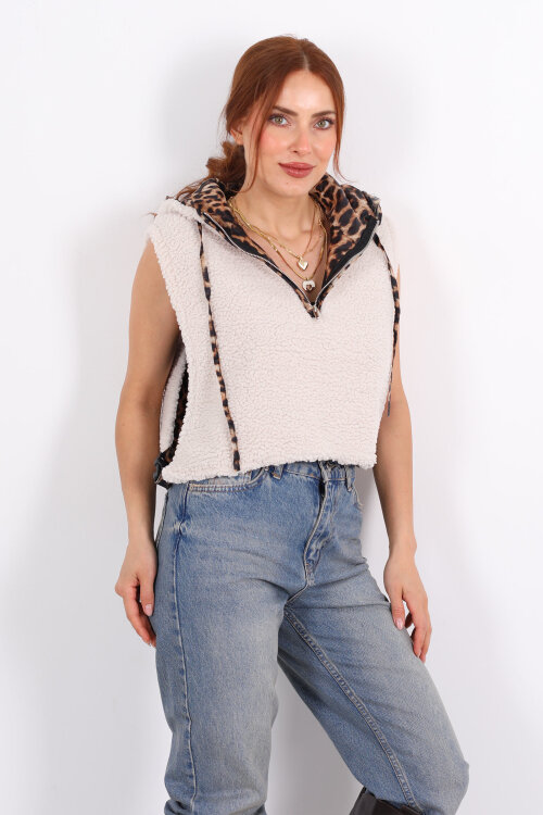 Leopar Astarlı Kapüşonlu Bej Kadın Yün Yelek - 6