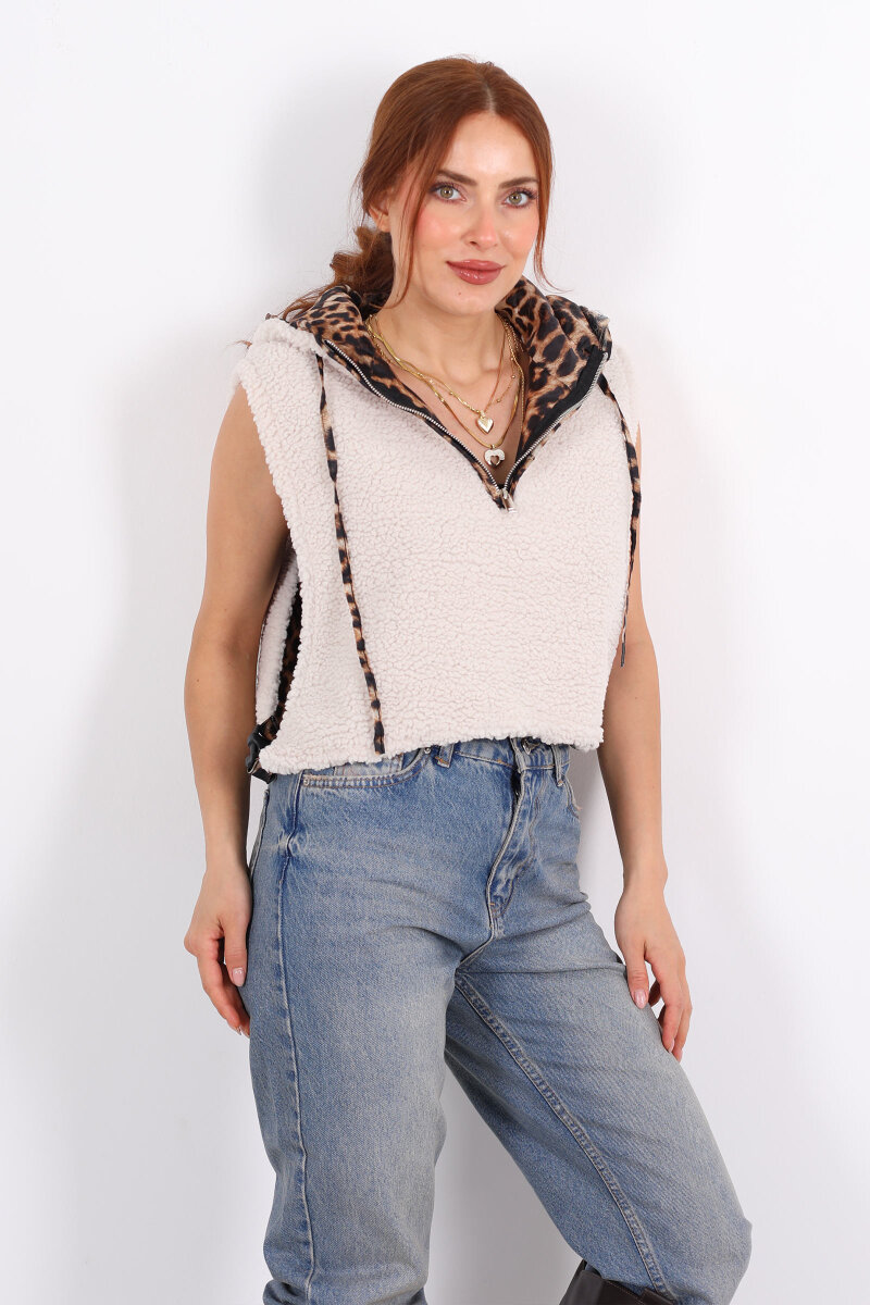 Leopar Astarlı Kapüşonlu Bej Kadın Yün Yelek - 6
