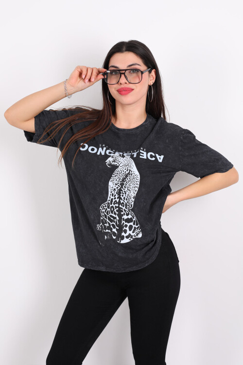 Leopar Baskılı Yıkamalı Oversize Antrasit Kadın T-Shirt - 4
