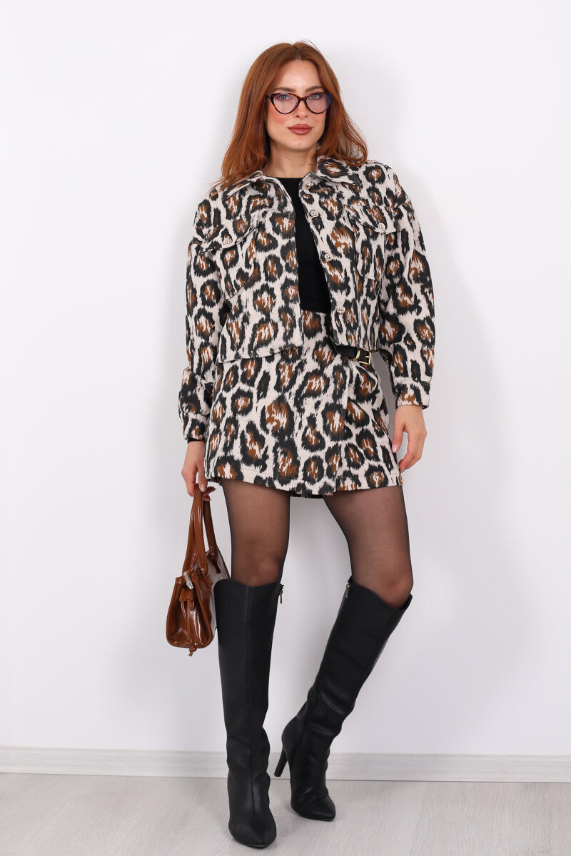 Leopar Desen Ceket - Etek Kadın Takım - 8